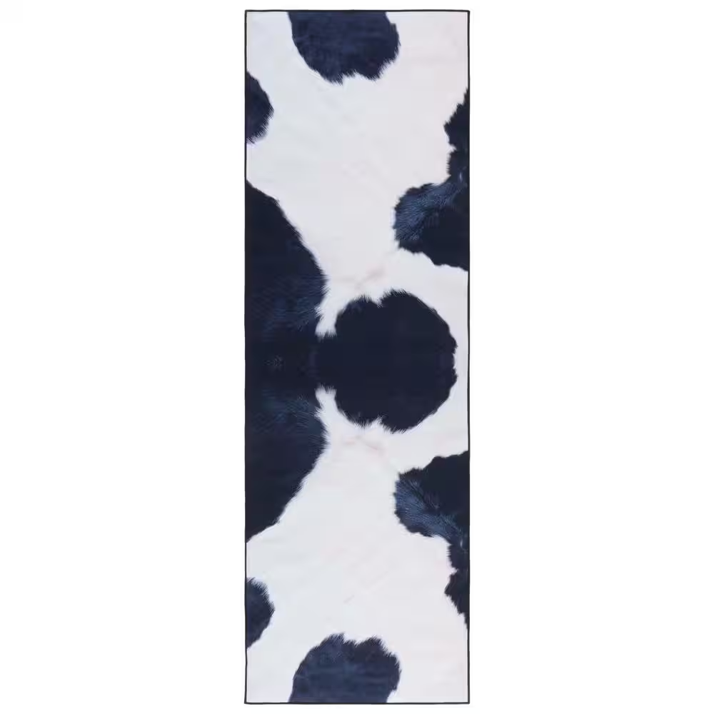 Faux Hide Ivory/Dark Blue 3 Ft. X 8 Ft. Machine Washable Animal Print Runner Rug