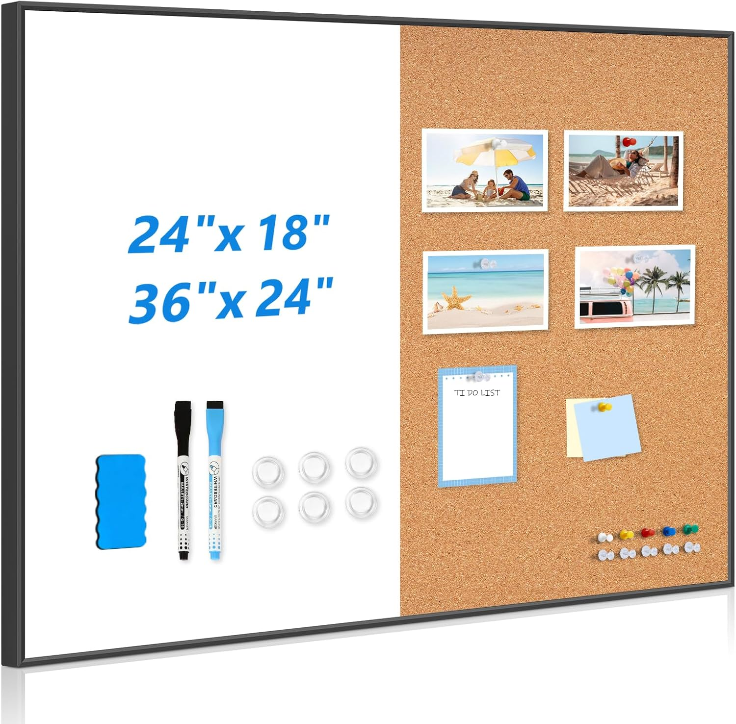Magnetic Dry Erase White Board & Cork Board Combo, 24"x18", Wall Mounted