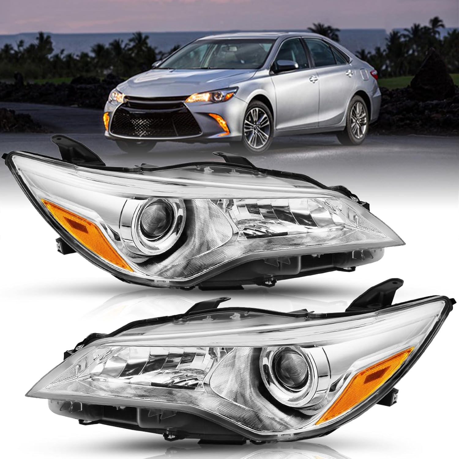 Fits for 2015 2016 2017 Toyota Camry Headlights Replacement Headlight Assembly Factory Headlamp,Chrome Housing with Amber Reflector