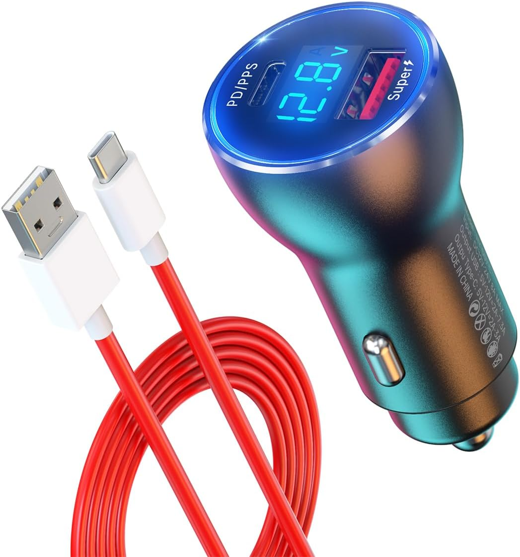 For Oneplus Car Charger 100W 80W 65W Fast Charge for One plus 13 12 13R 12R 11 10 Pro 9 10T 8T 8 7T 7 Open Pad Nord 2T CE 3 4 N20 N30 N100, 25W PD PPS USB C Port 3Ft Cable