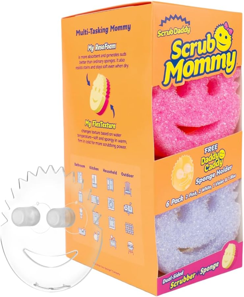 6 Scrub Mommy Kitchen Sponges & 1 Daddy Caddy Sponge Holder - Scratch-Free for Dishes & Multipurpose Cleaning - BPA Free & Made with Polymer Foam - Stain & Odor Resistant