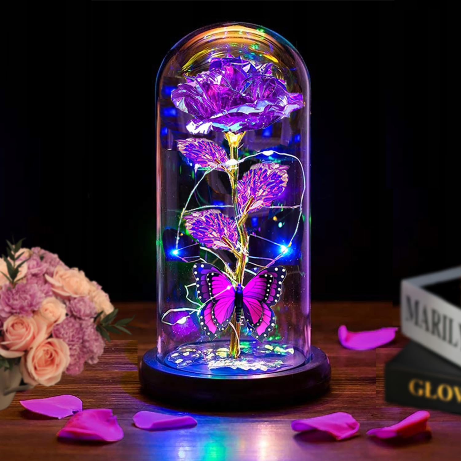 Valentines Day Glass Flowers Light up Rose Gifts Purple Rose LED Lights 