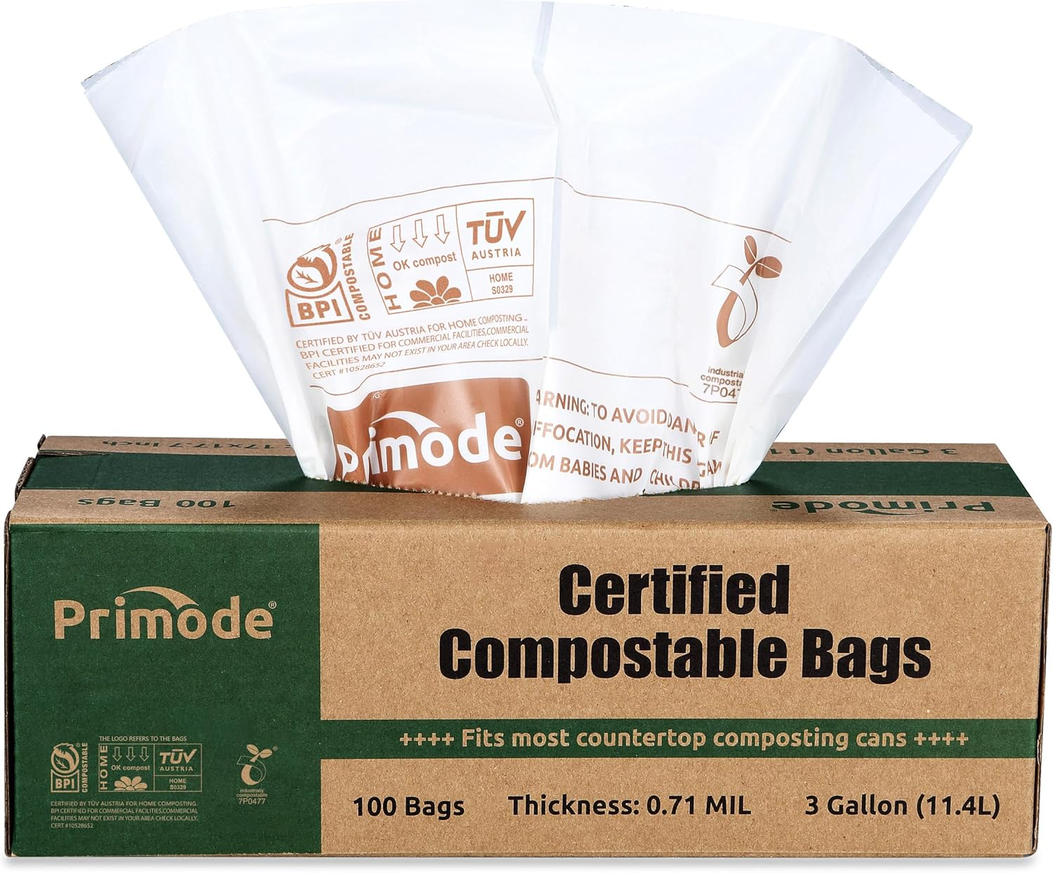 Primode Compostable Bags, 3 Gallon Food Scraps Yard Waste Bags, 100 Count, Extra Thick 0.71 Mil. ASTMD6400 Compost Bags Small Kitchen Trash Bags, Certified by BPI and TÜV AUSTRIA