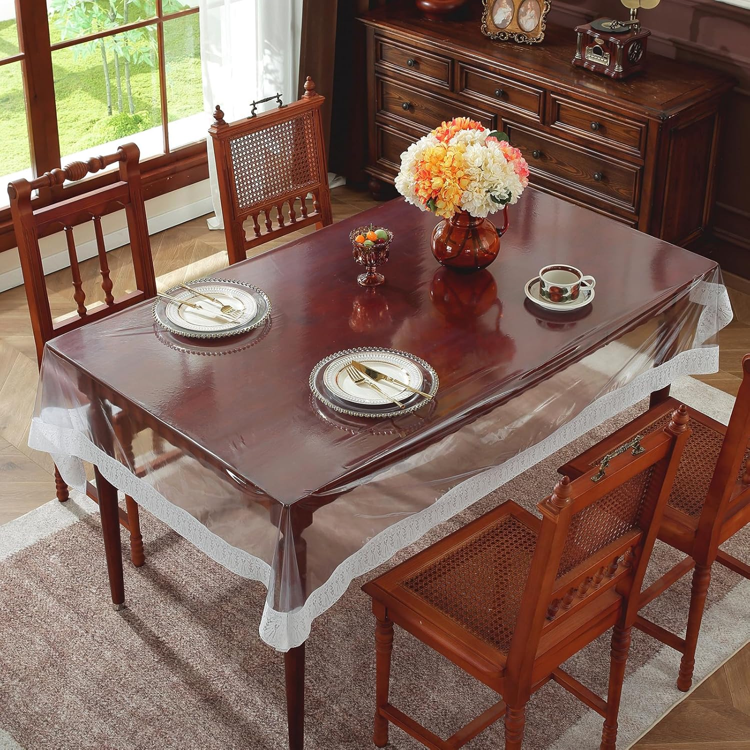 Clear Table Cover Protector Rectangle Waterproof Vinyl PVC Tablecloth with Lace Trim, Wipeable Plastic Table Cloth for Party Dining Tables, Kitchen Home (Fengweibian, 60 X 102 Inch)