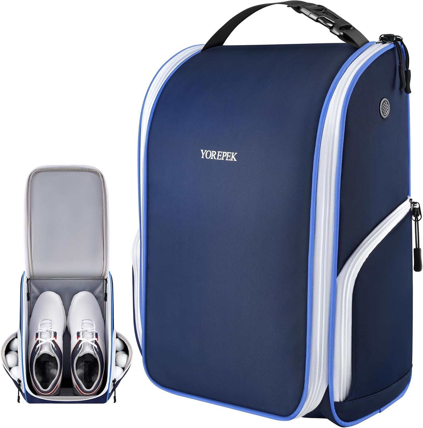 Golf Shoe Bag, with 3 Pockets for Socks, Gloves, Tees, Balls, Brush, Designed with a Buckle Top Carry Handle, Zippered Sport Shoe Carrier Bags with Ventilation, Golf Gifts for Men Unique,Blue