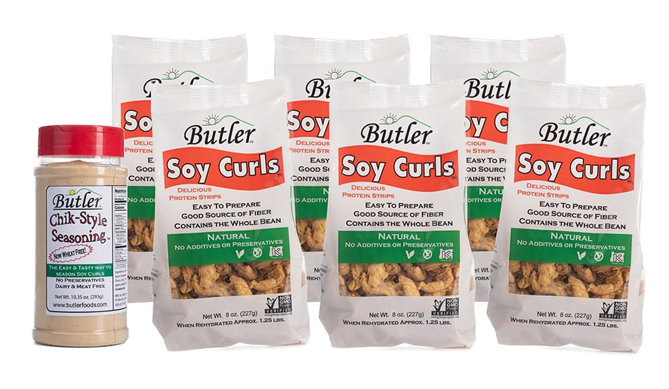 Butler Soy Curls 6 Pack - 6X 8 Oz Bags + 10.35 Oz Chik-Style Seasoning