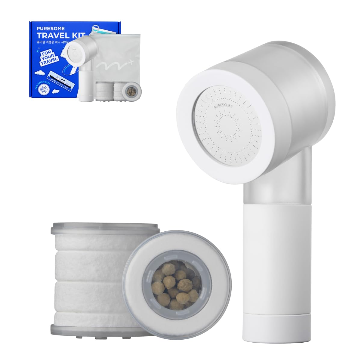 Puresome Travel Mini Shower Head Set with Pure Filter | Compact Portable Shower Kit with High-Pressure Spray, Chlorine & Calcium Reduction | Includes 2 Replacement Filters and Waterproof Pouch