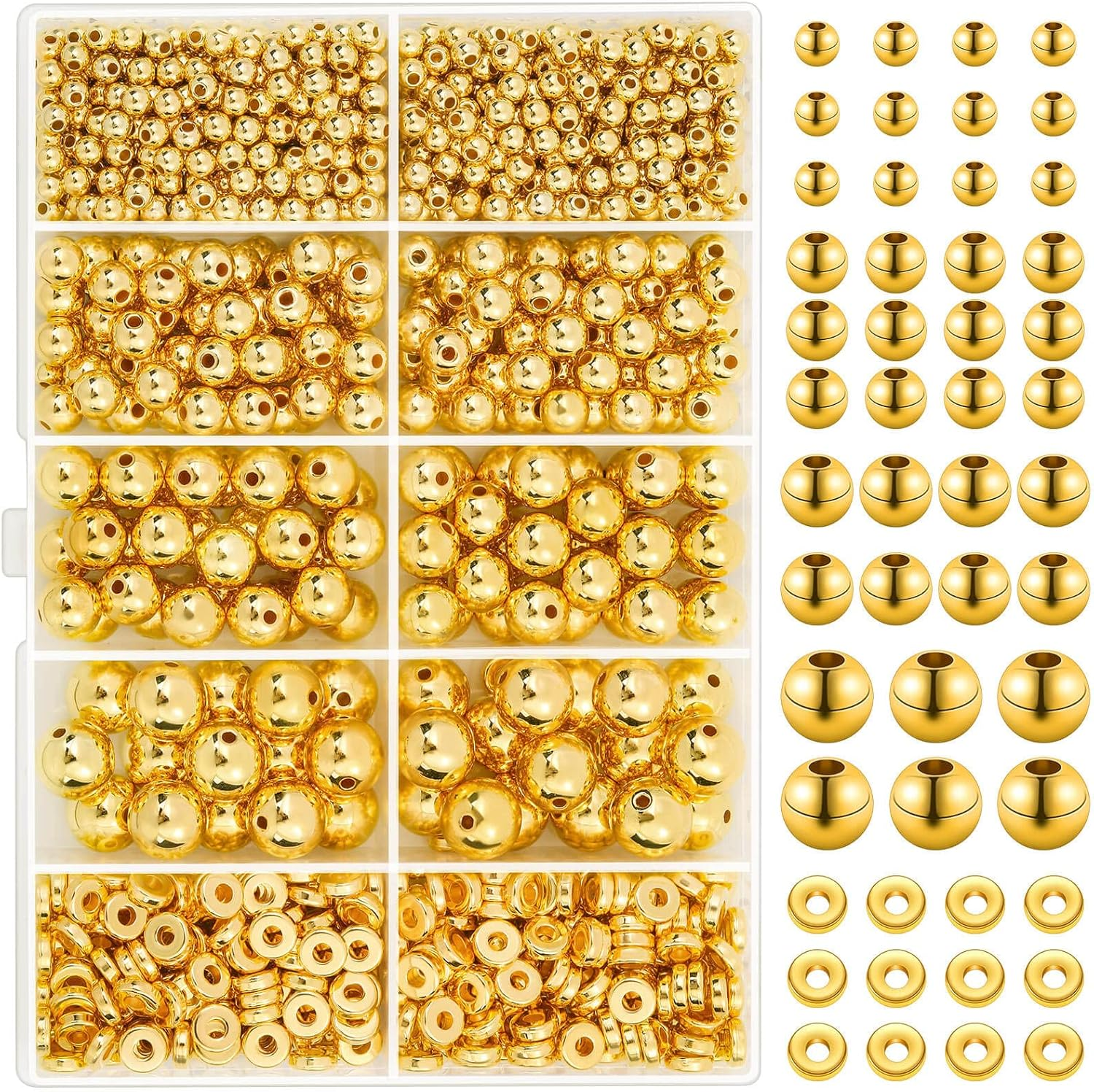 1250 Pieces Gold Spacer Beads for Jewelry Making, Assorted Gold Beads for Bracelets Making