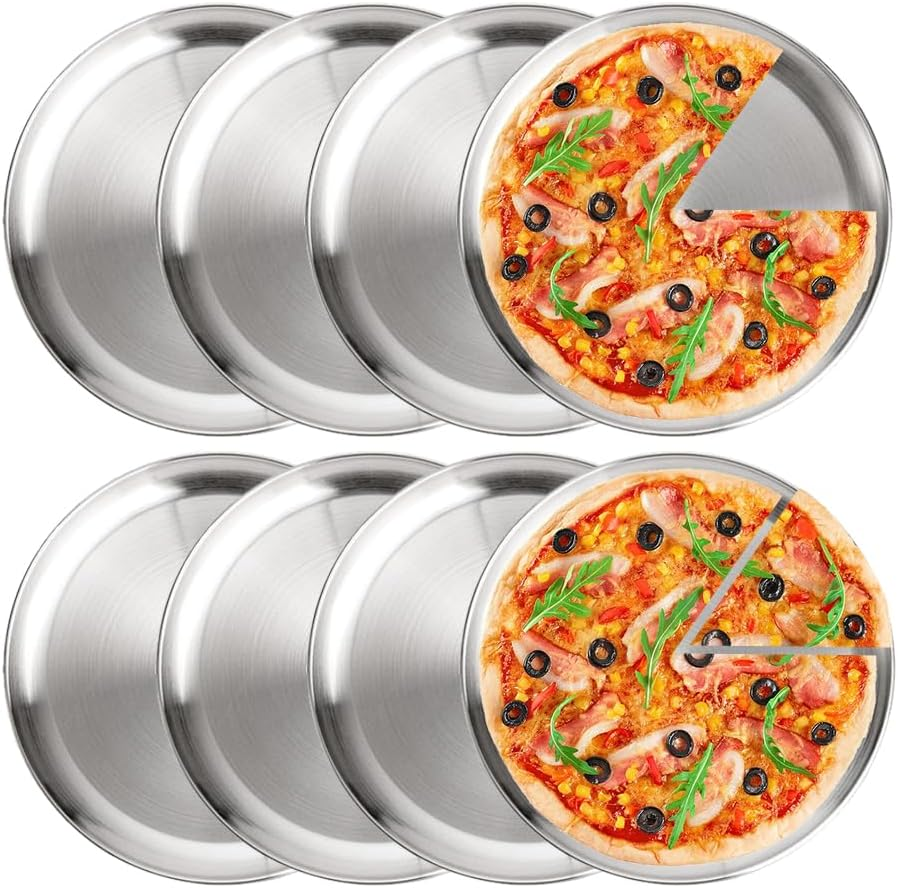 8 Pack Stainless Steel Pizza Pan 12Inch Pizza Pans Bulk round Bakeware Pizza Trays Non-Stick Pizza Pans Tray Reusable Tray round Pizza for Oven Baking Home Kitchen Restaurant