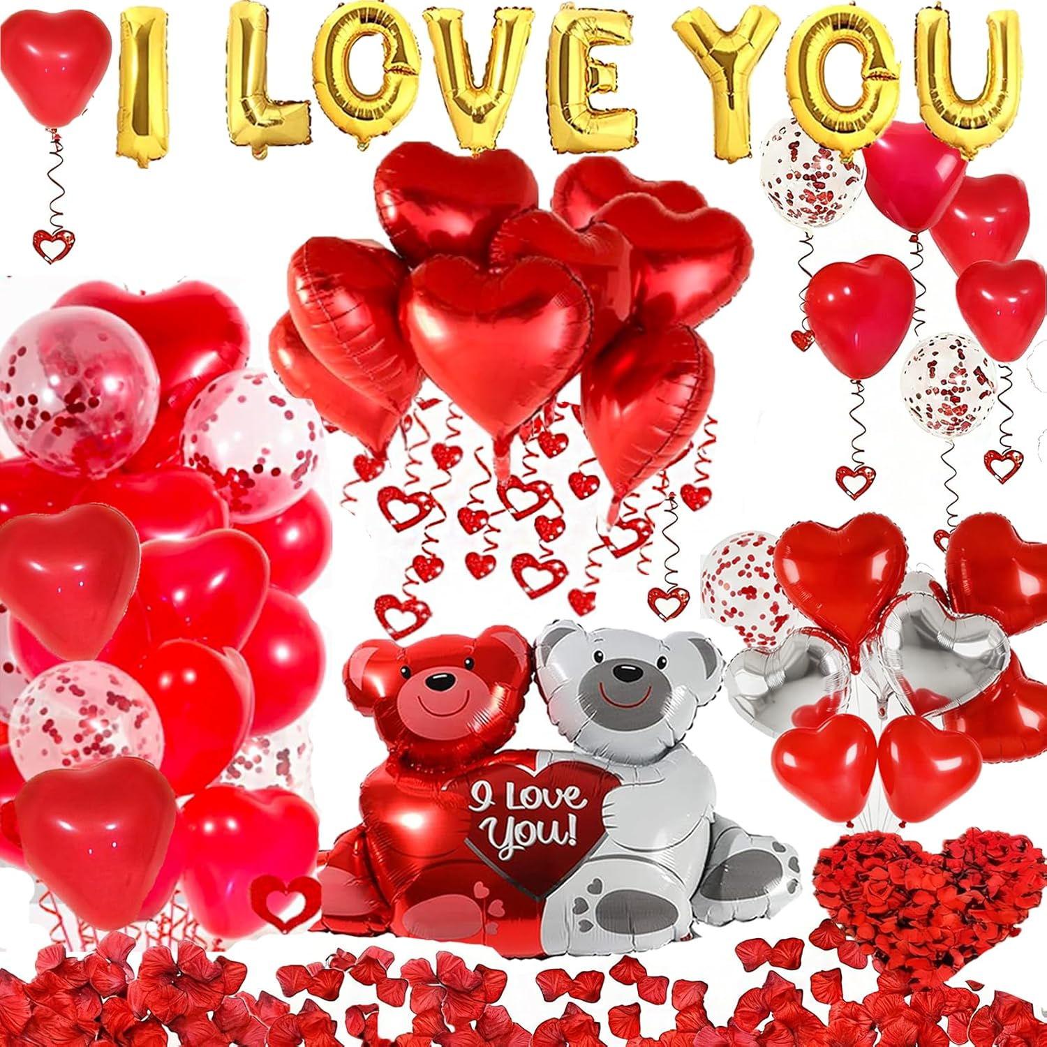 54Pcs I Love You Heart Balloons Valentines Decoration with 50 Hanging 1000 Silk Rose Petal Bear Heart Shaped Silver Red Balloons for Romantic Night Wedding Anniversary Decor Valentine Day Decorations