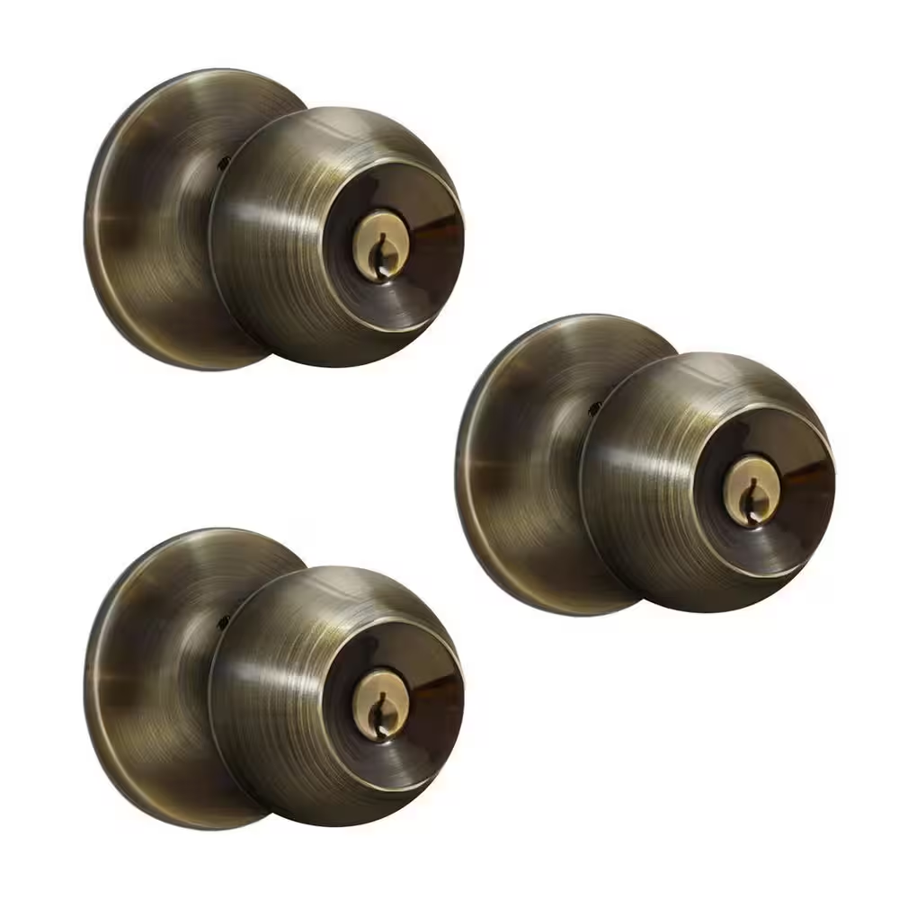 Antique Brass Entry Door Knob with 6 KW1 Keys (3-Pack, Keyed Alike)