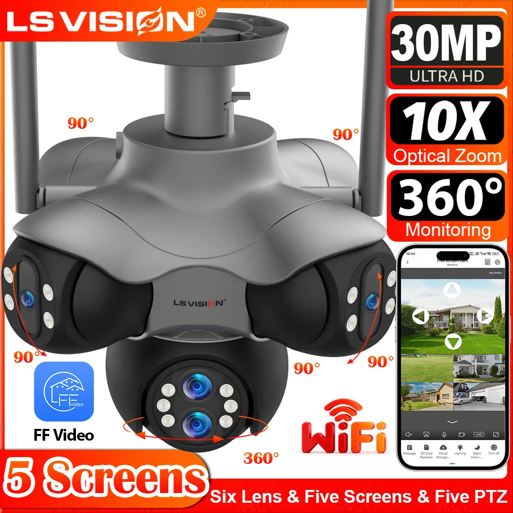 30MP WiFi Security Camera 10X Optical ZOOM Five Screen IP Camera PTZ Outdoor Surveillance Cameras Auto Tracking CCTV