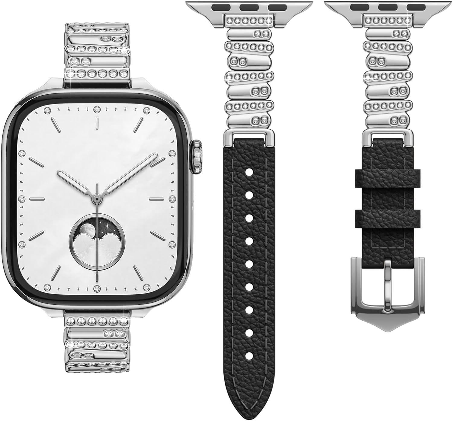 Slim Leather Band Compatible with Apple Watch Ultra3/2/1 49Mm, Series 11/10/9/8/7/6/5/4/3/2/1/SE3/SE2/SE 46/45/44/42/41/40/38Mm, Premium Metal Connectors Luxurious Dressy Jewelry Strap