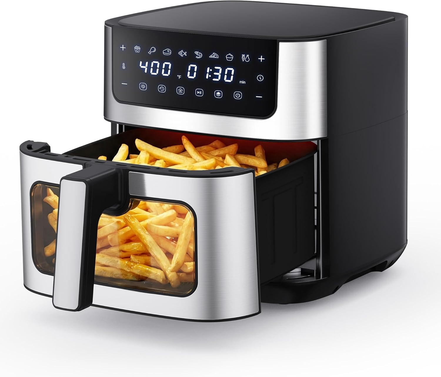 Air Fryer 6.34QT, Airfryer with Visible Window, 400℉ Fast Heating Air Fryers Oven with Nonstick and Dishwasher-Safe Basket, 8-In-1 Cooking Preset, Timer，Auto-Off, Stainless Steel, Black
