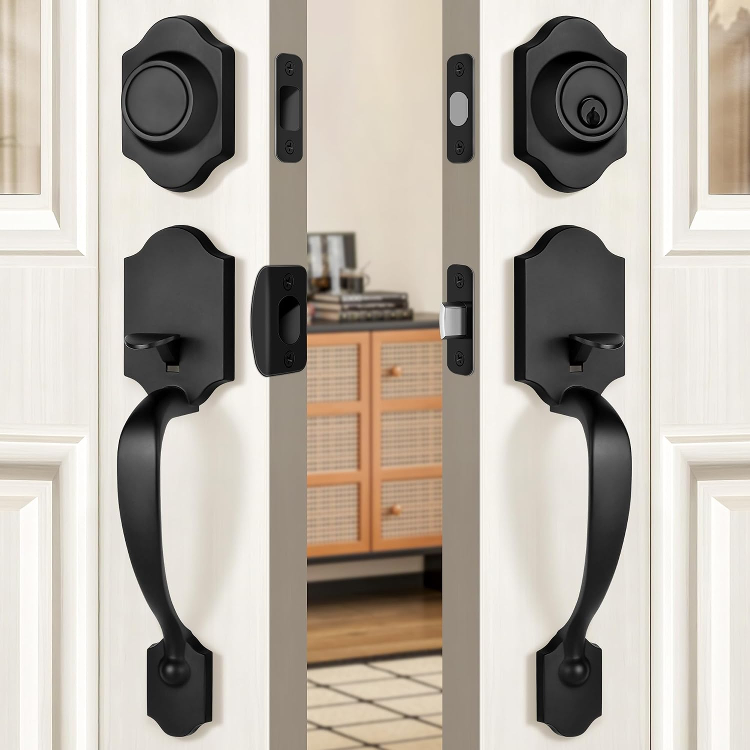 Double Front Door Handleset Deadbolt Matte Black Classic Entry Handle Set