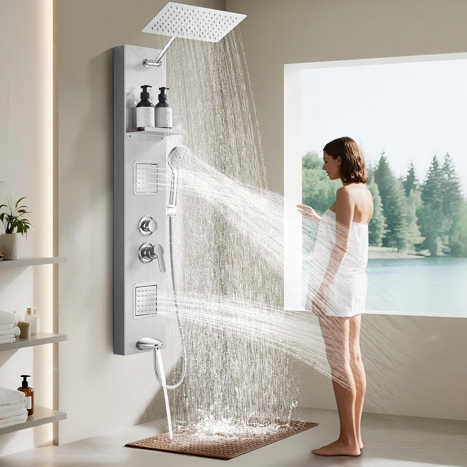Shower Panel System, Multi-Function Shower Tower with 4 Body Spray, 5 Handheld Settings, Shelf & Adjustable Height, Rainfall + Waterfall Shower Head, Rain Massage Spa System for Bathroom