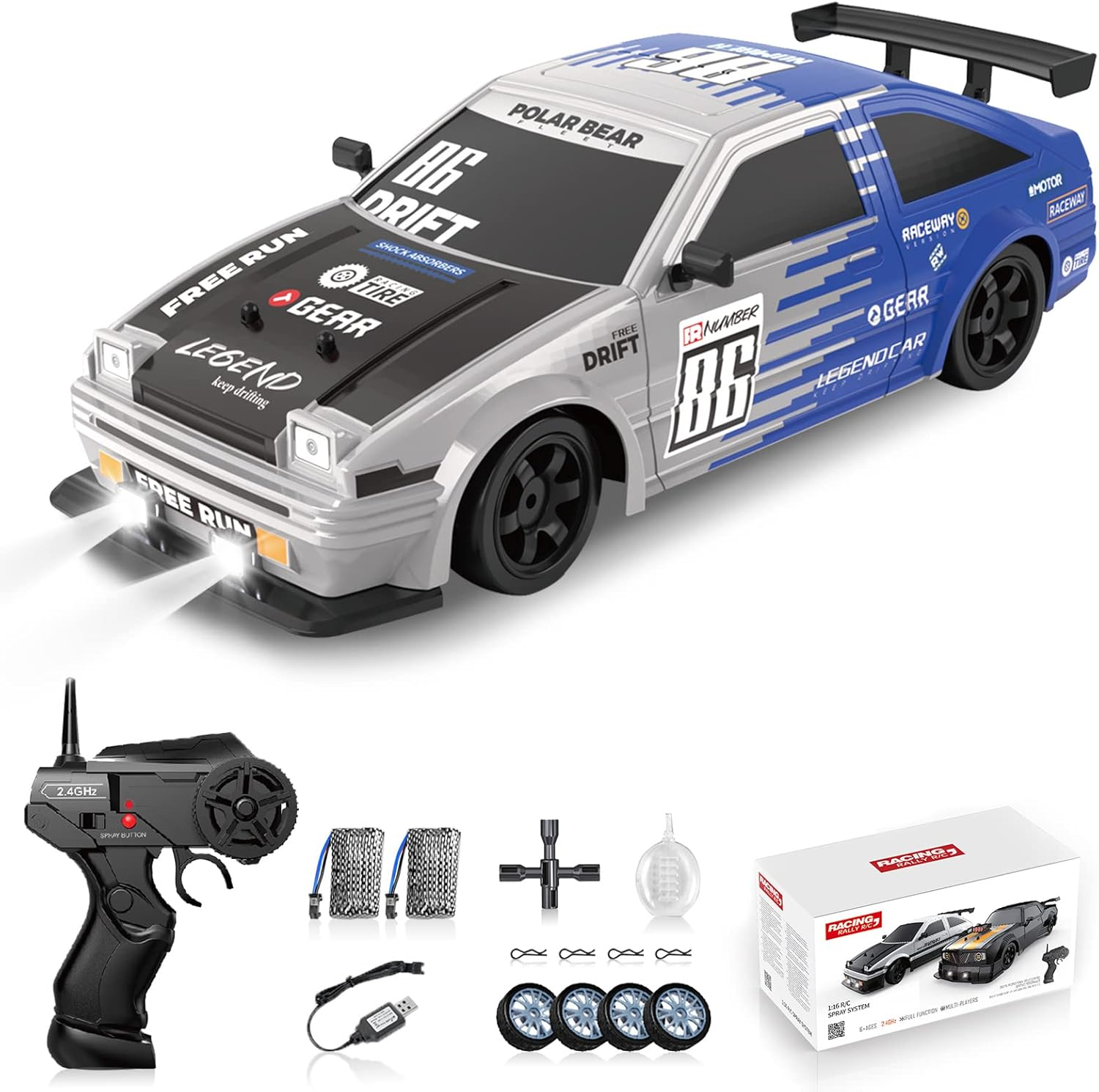 RC Drift Car 2.4Ghz 1:16 Scale 4WD High Speed Remote Control Cars Vehicle with LED Lights Two Batteries and Drifting Tires Racing Sport Toy Cars for Adults Boys Girls Kids