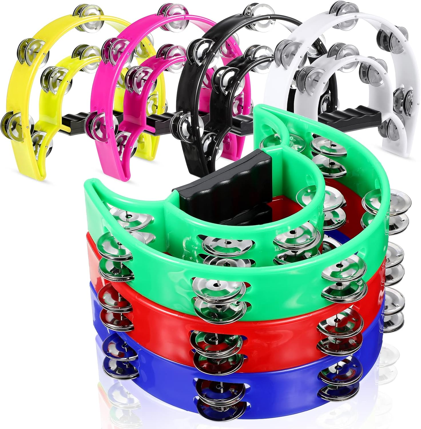 7 Pieces Double Row Tambourine Half Moon Musical Tambourine Plastic Musical Instrument Handheld Percussion Metal Jingles Hand Held Percussion Drum for Party Performance Concert