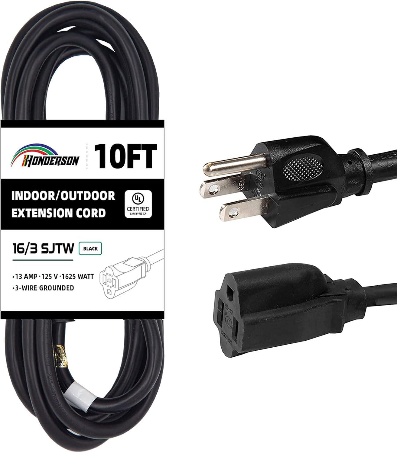 10FT Outdoor Extension Cord-16/3 SJTW Durable Black Extension Cord for Christmas Lights with 3 Prong Grounded Plug for Safety,Great for outside Christmas Decorations