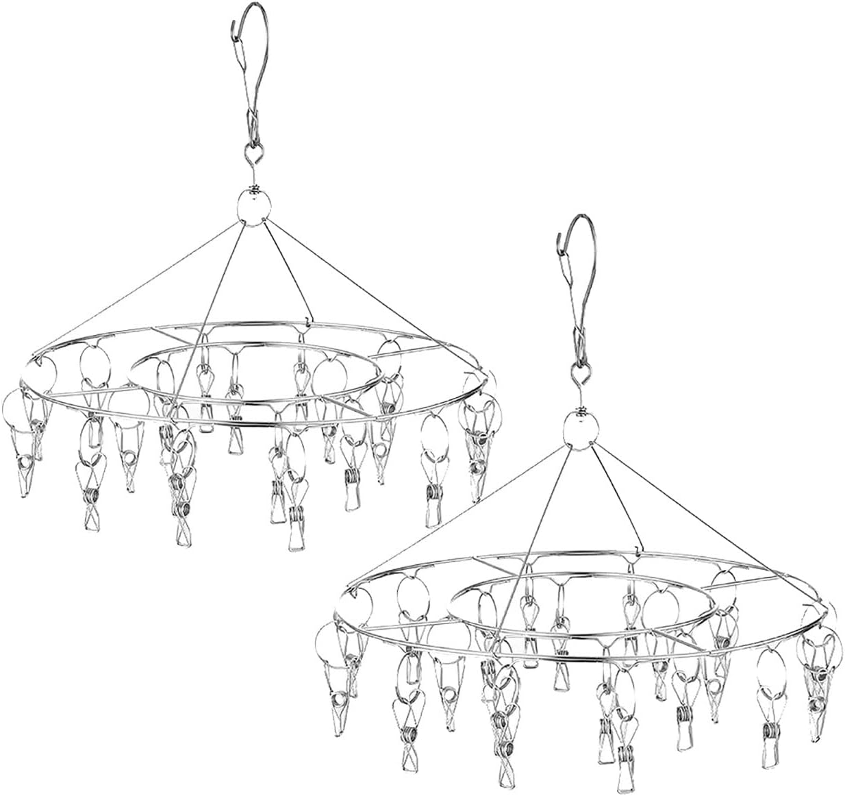 2 Pack Stainless Steel round Hanging Drying Rack with 20 Clips for Drying Socks, Baby Clothes, Bras, Towel, Underwear, Hat, Scarf, Pants, Gloves