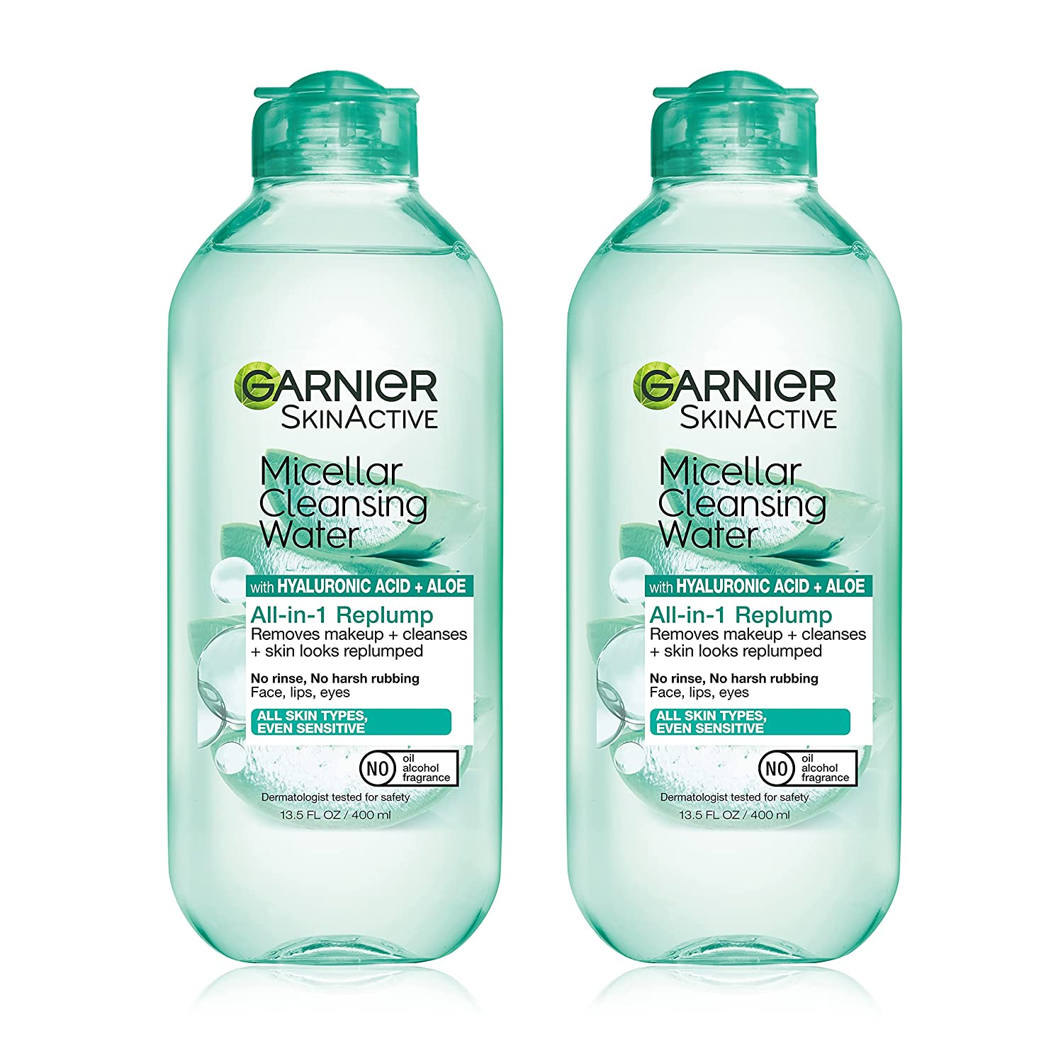 Garnier Micellar Water with Hyaluronic Acid, Facial Cleanser & Makeup Remover, Hydrating and Plumping, for All Skin Types, Vegan, Cruelty Free, 13.5 Fl Oz (400Ml), 2 Count