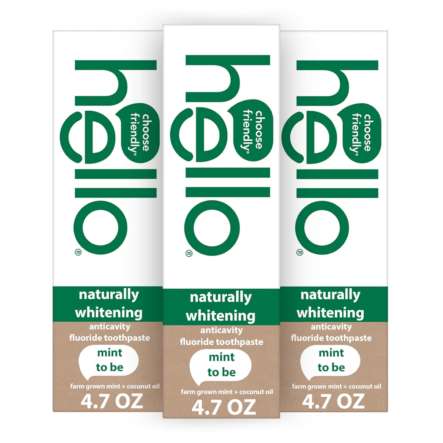 hello Naturally Whitening Fluoride Toothpaste, Natural Whitening Toothpaste with Coconut Oil and Tea Tree Oil, Tames Bad Breath, Helps Moisturize, and Fights Cavities, Mint, 3 Pack, 4.7 Oz Tubes