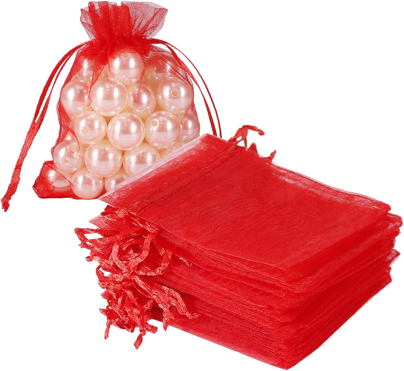 100pcs Little Red Organza Bags 3 x 4 inch, Mesh Jewelry Pouches Drawstring Empty Sachets for Bracelets Candy Small Gift