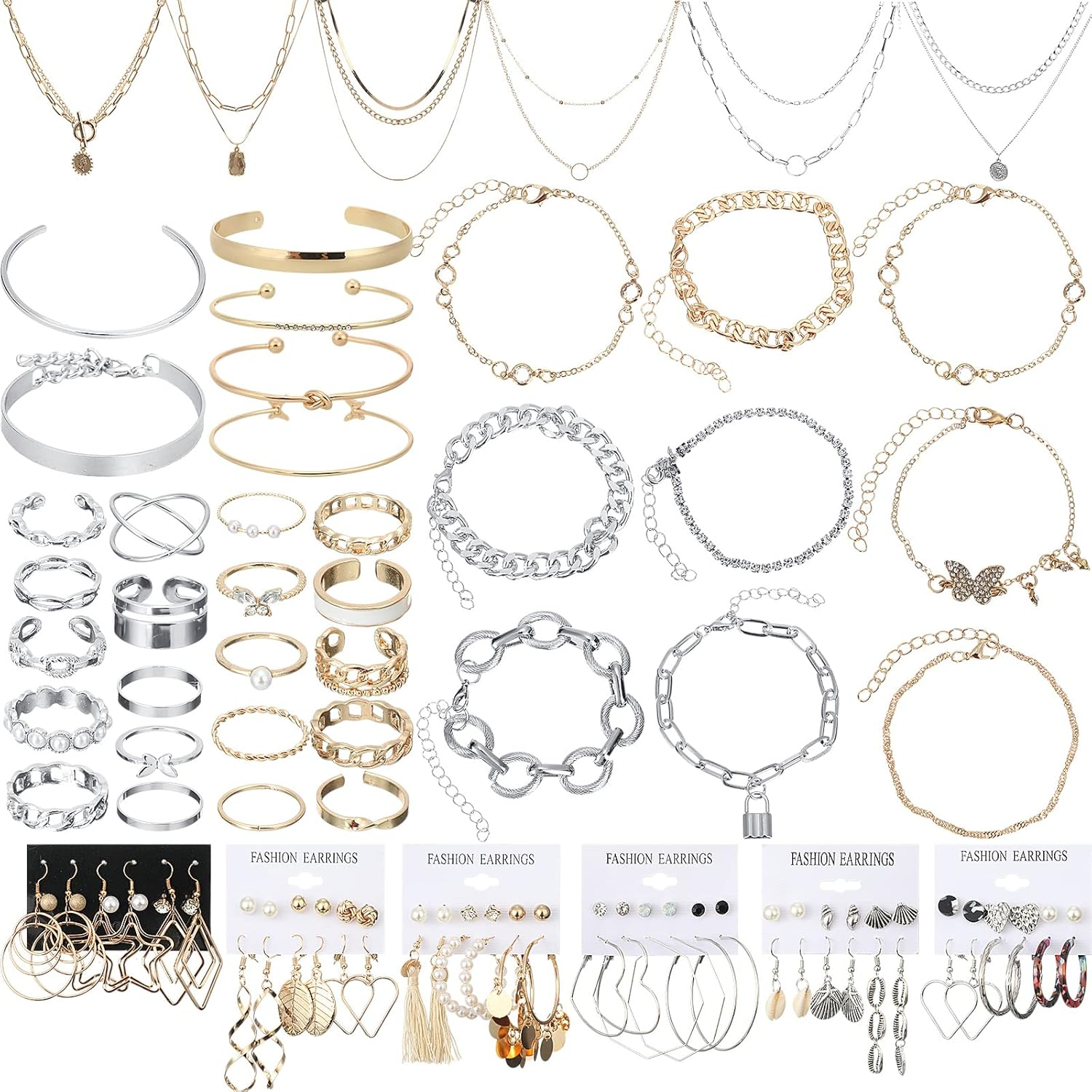 78 Pcs Jewelry Sets for Women with 6 Pcs Necklace 16 Pieces Aesthetic Bracelet 36 Pairs Dangle Earrings 20 Pieces Knuckle Rings Valentine Anniversary Birthday Party Gift