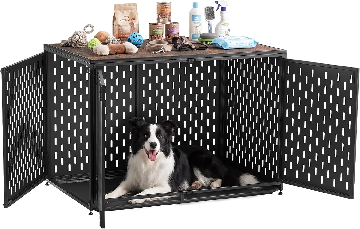 VEVOR Dog Crate Furniture, 42 Inch Heavy Duty Dog Kennel Furniture Indoor for Small & Medium Dogs, Steel Decorative Pet Cage House End Table with 3 Doors, Detachable Tray & Escape-Proof Locks, Black