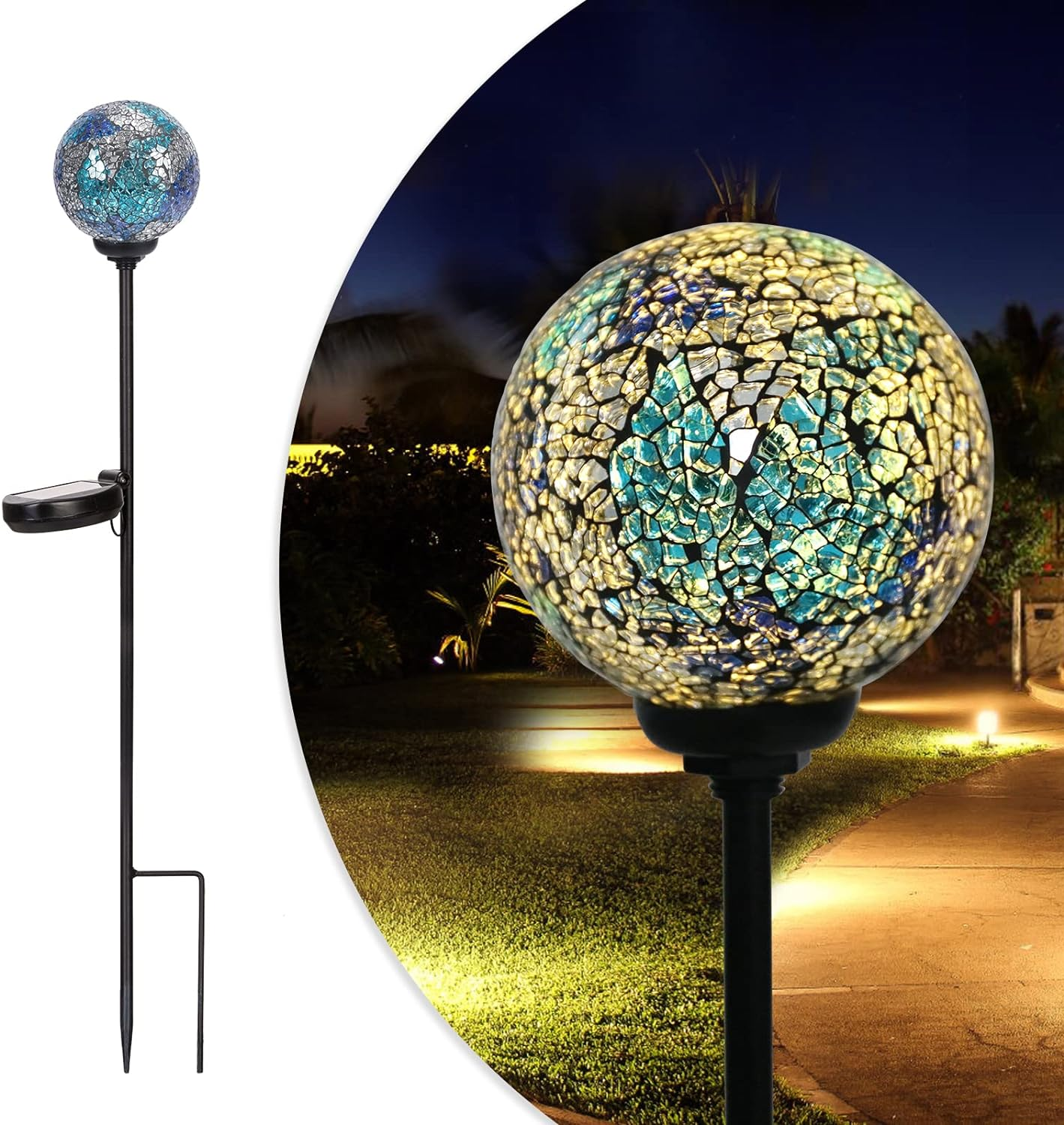 Solar Garden Lights Outdoor Decorative - Solar Gazing Ball Mosaic Garden Stakes Decorative Waterproof Outdoor Lights for Pathway Yard Lawn Decoration Blue