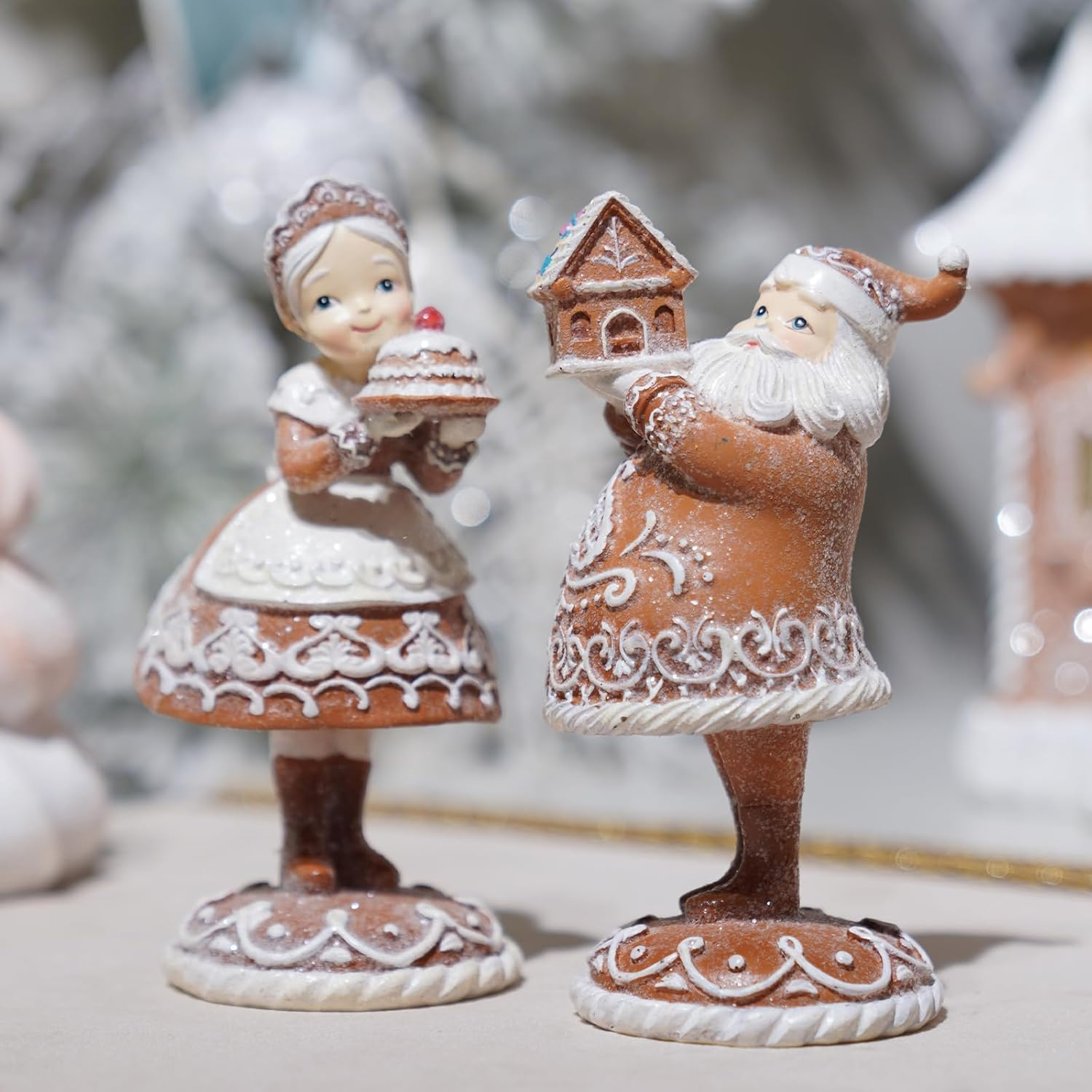 Gingerbread Christmas Decor Gifts for Women - 2Pc Resin Gingerbread Mr,Santa and Mrs.Santa Christmas Collectible Figurines Christmas Decorations Indoor Home Decor