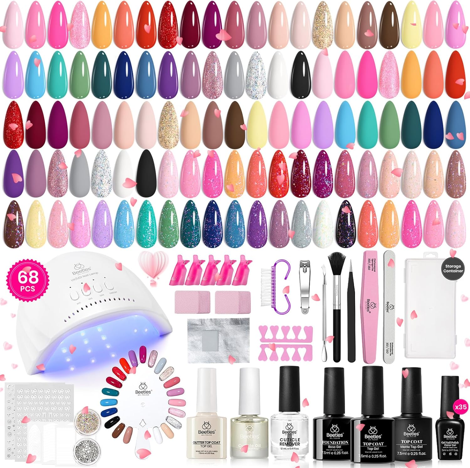 Beetles Gel Nail Polish Kit with U V Light - 68 Pcs Set 35 Colors Pink Glitter Nude Gray Gel Polish with Base and Matte&Glossy Top Coat Vivid Seasons Gel Nail Set Nail Art Manicure Tools Gifts