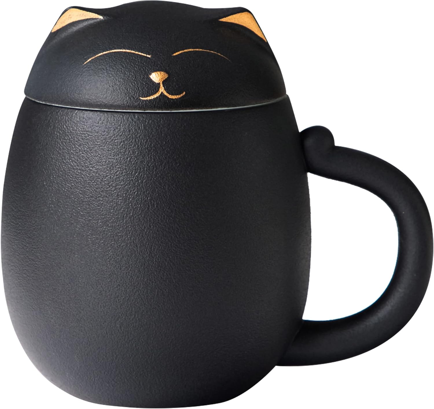 HEER Ceramic Tea Mug with Infuser and Lid, Cute Cat Tea Cup with Filter for Steeping Loose Leaf, Chinese Handmade Porcelain Teacup for Home Office. (Black)