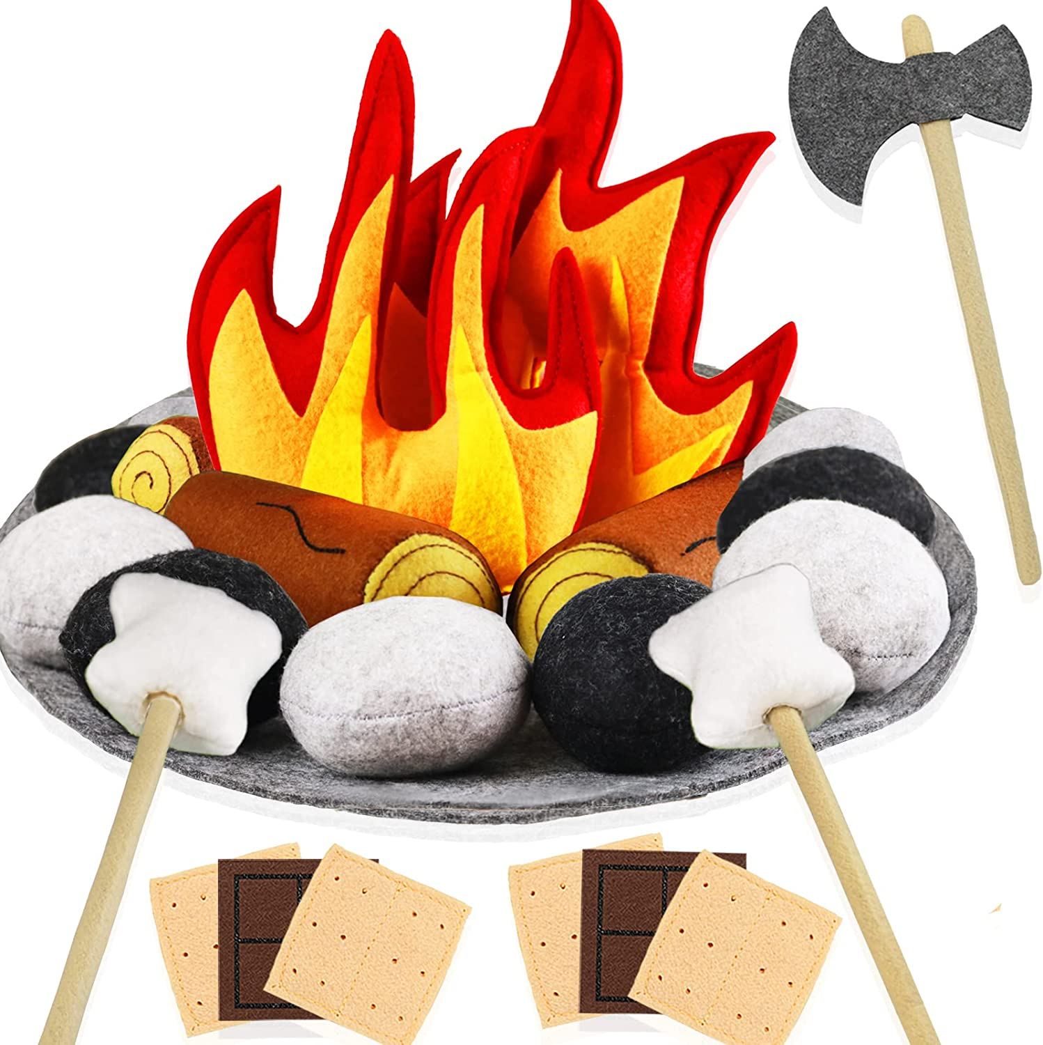 23 PCS Pretend Campfire Toys, Kids Plush Felt Play Campfire Playset Safe Fake Fire Wood Stones Toys Pretend Camping Play Set for Kids Toddlers Age 3-5