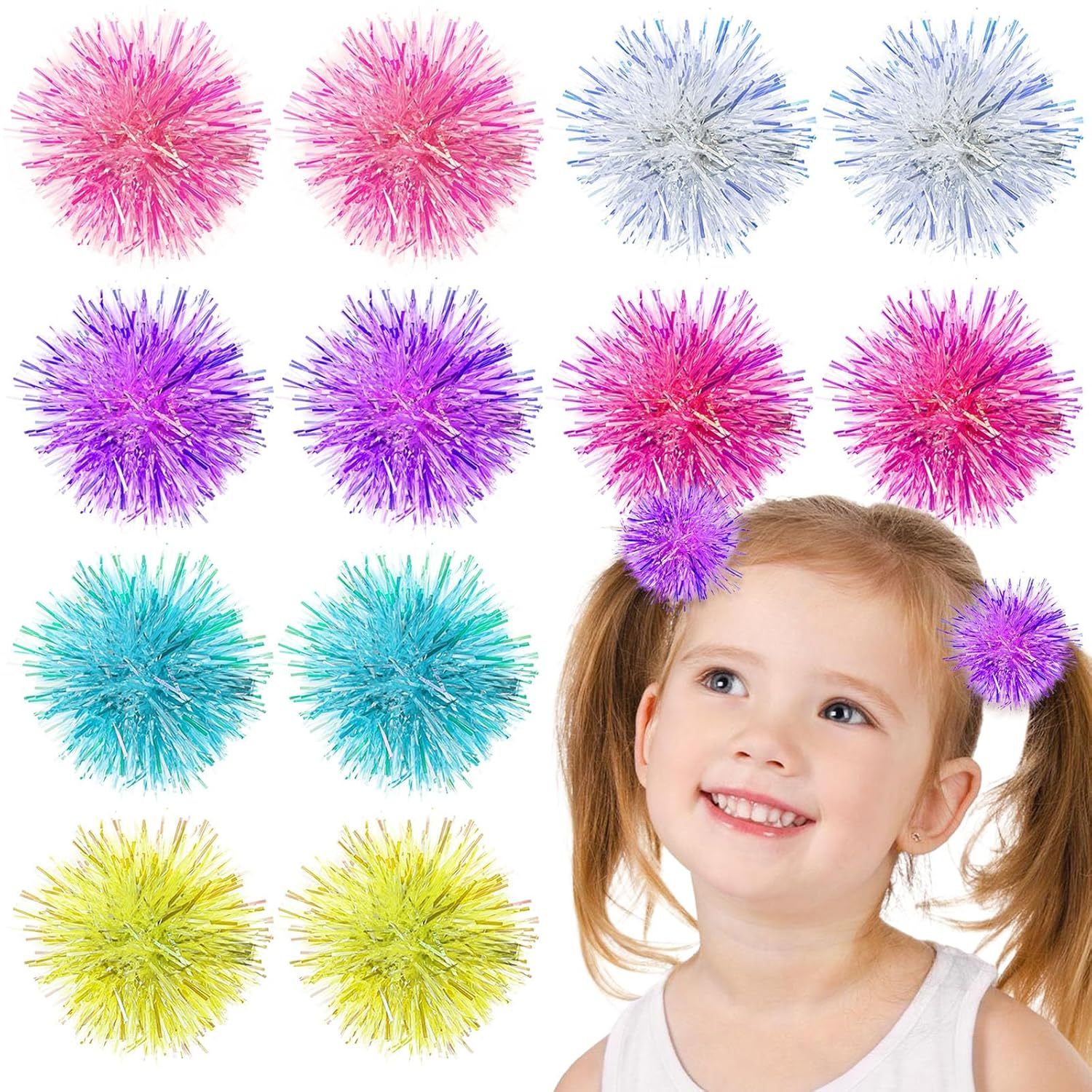 12 Pcs Foil Strips Pom Pom Hair Clips Tinsel Fluffy Ball Elastic Ponytail Holders Shiny Cute Scrunchies Pompom Cosplay Fashion Hair Accessories for Women Girls Birthday Halloween Christmas Party