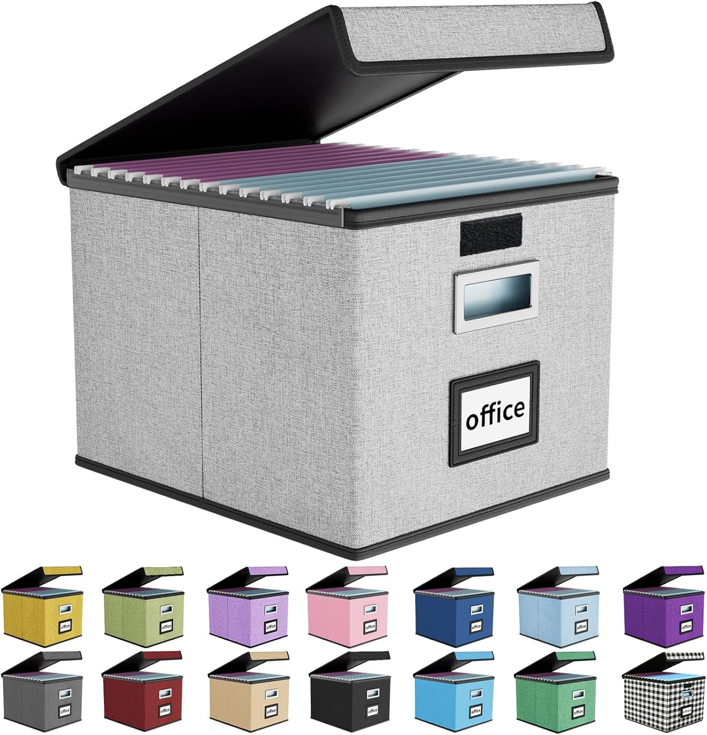 Upgraded Portable File Organizer Box with Lid, Collapsible Linen Hanging Filing Storage Boxes with Plastic Slides, Decorative Home/Office Filing System Box for File and Folders Storage (Gray)