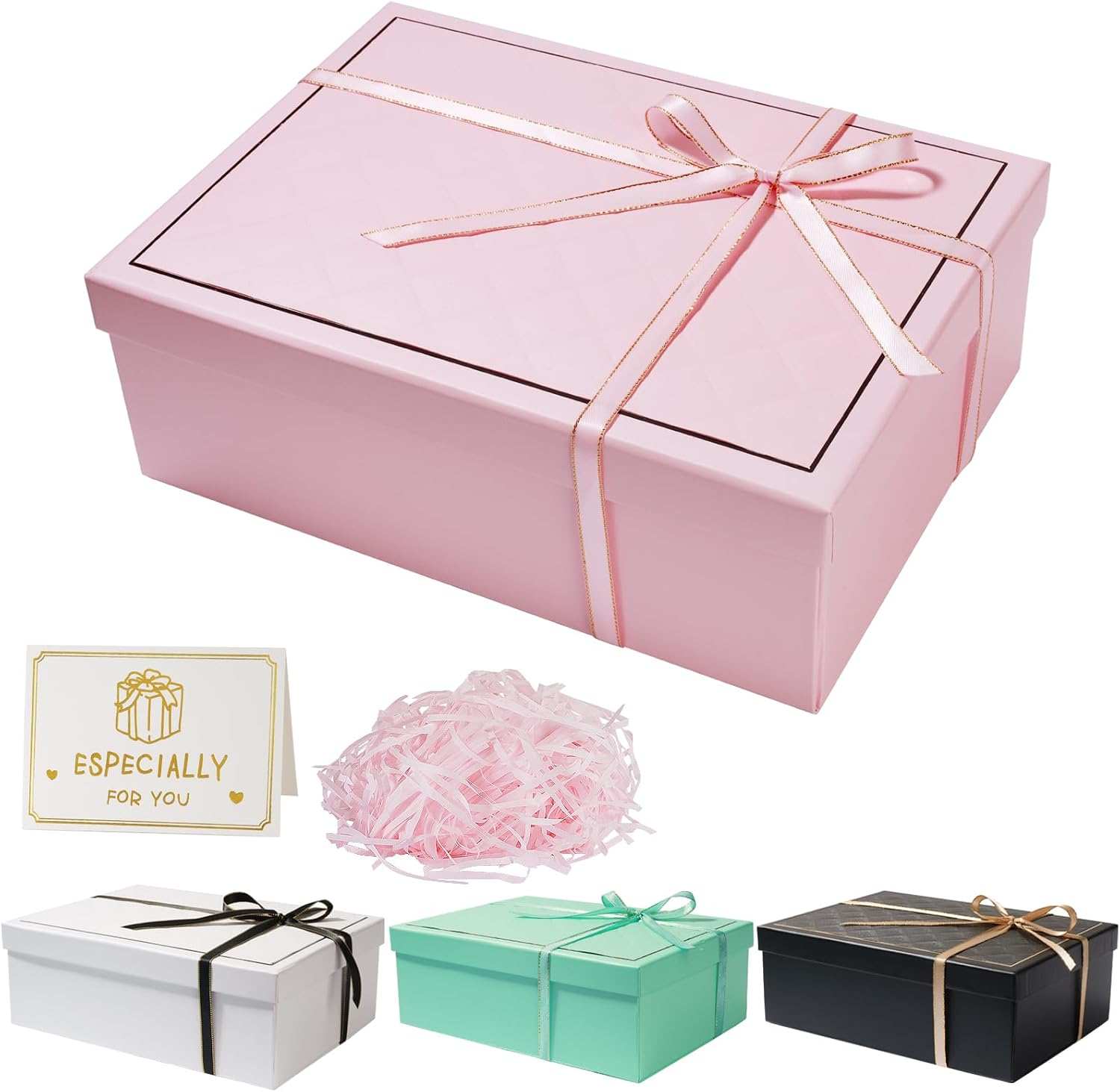 Pink Gift Box Lid Ribbon Foldable Present Box Greeting Card Included