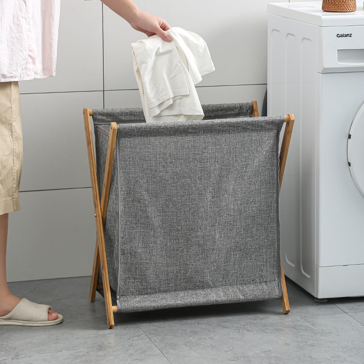 AIMALL Foldable Laundry Basket with Solid Wood Frame, Breathable Fabric, Larg... - Picture 6 of 14