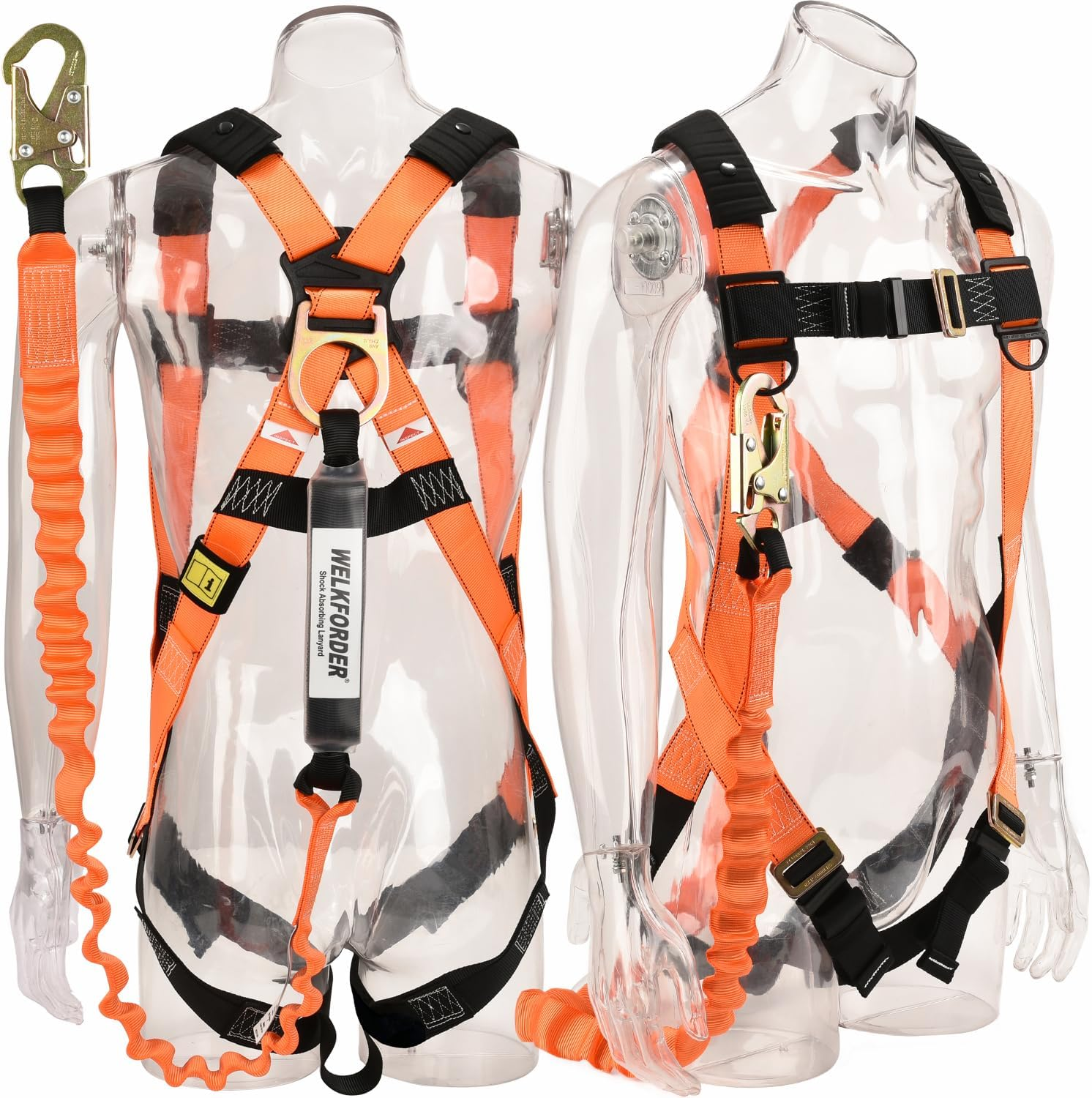 1D-Ring Industrial Fall Protection Safety Harness with 6-Foot Shock Absorber Stretchable Lanyard | Permanent Attached Kit | ANSI Compliant Personal Fall Arrest System(Pfas)