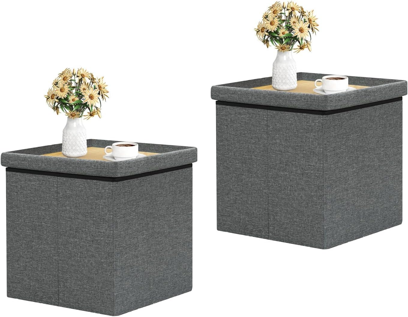 Storage Ottoman with Tray, Linen Small Coffee Table Folding Foot Rest Seat Cube, Dark Grey 16