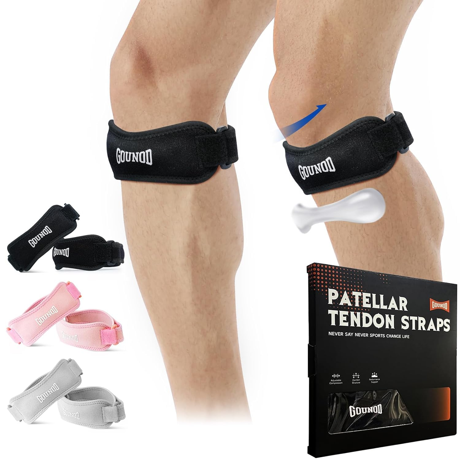GOUNOD Patellar Tendon Support Strap 2 Pack,Knee Strap for Knee Pain Relief,Patella Band for Basketball, Jumpers Knee, Tendonitis, Running, Hiking, Soccer, Osgood Schlatter(Black)