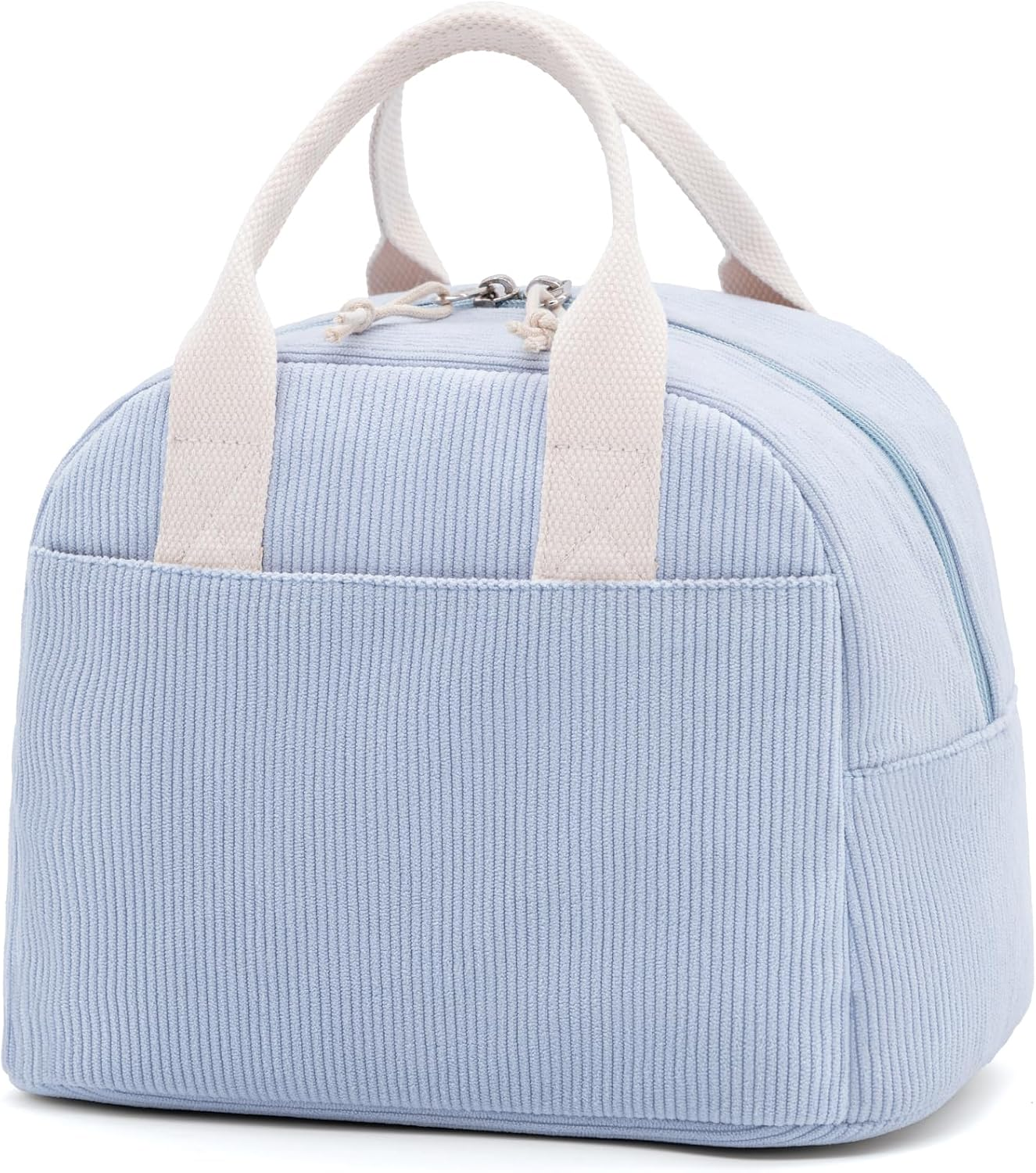 Insulated Cloud Blue Lunch Bag for Women, Stylish Corduroy Tote with Aluminum Lining, Large Capacity Reusable Cooler for Work, Travel, Beach or Picnic, Cloud Blue Water-Resistant Lunch Box