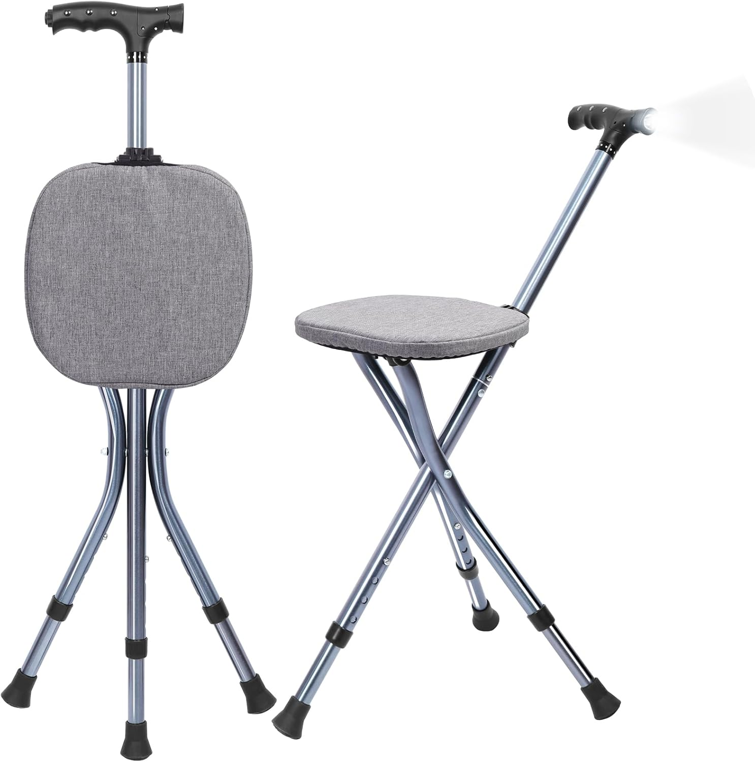 Folding Cane with Seat,Adjustable Walking Stick for Seniors,Lightweight Walking Cane with LED Light,Height Adjustment Cane Seat,Portable Cane Chair,Sturdy Crutches Stool,Supports up to 250 Lbs