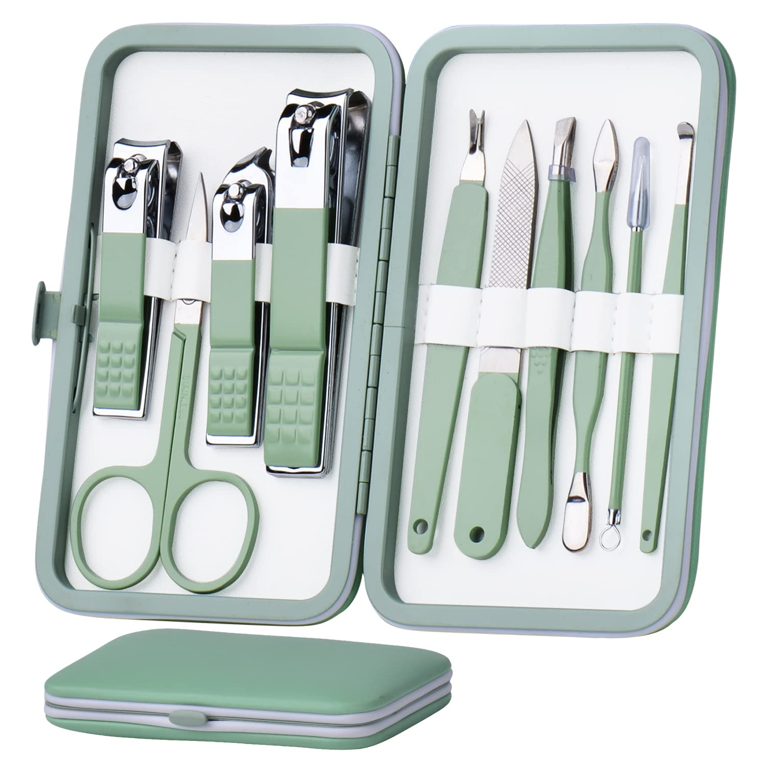10-Piece Stainless Steel Manicure Set in Leather Case - Jade Green