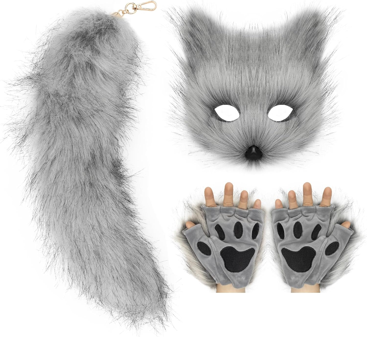 Cat Fox Mask Tail and Paws Gloves Set Furry Animal Therian Kit Masquerade Halloween Costume Accessory