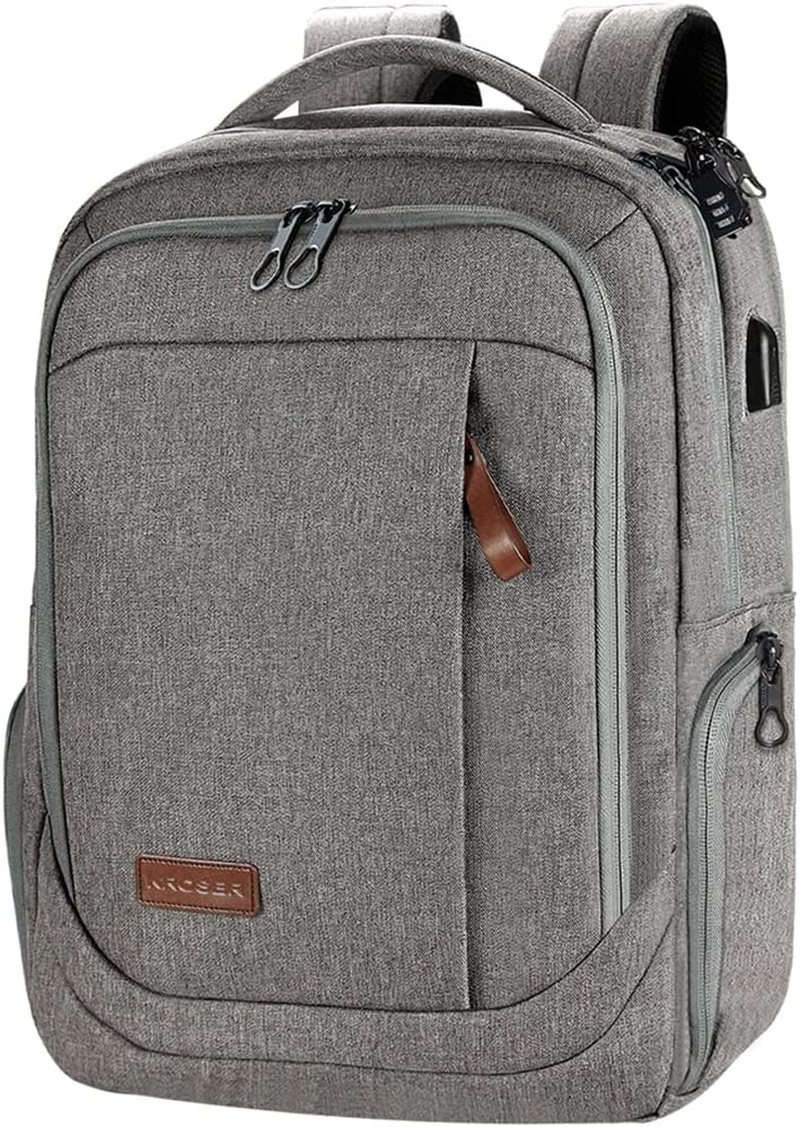 Laptop Backpack Large Computer Backpack Fits up to 17.3 Inch Laptop with USB Charging Port Water-Repellent Casual Daypack for Travel/Business/College/Women/Men-Grey