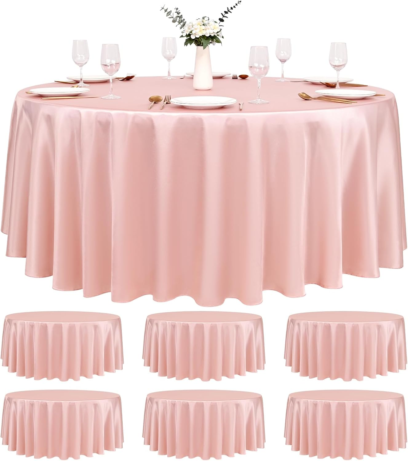 6 Pack Rose Gold round Tablecloth, 120 Inch Rose Gold Satin Fabric Tablecloth for round Table, Wrinkle Resistant Washable Tablecover Bright Silk Tableclothes for Wedding Party Dining Table Banquet