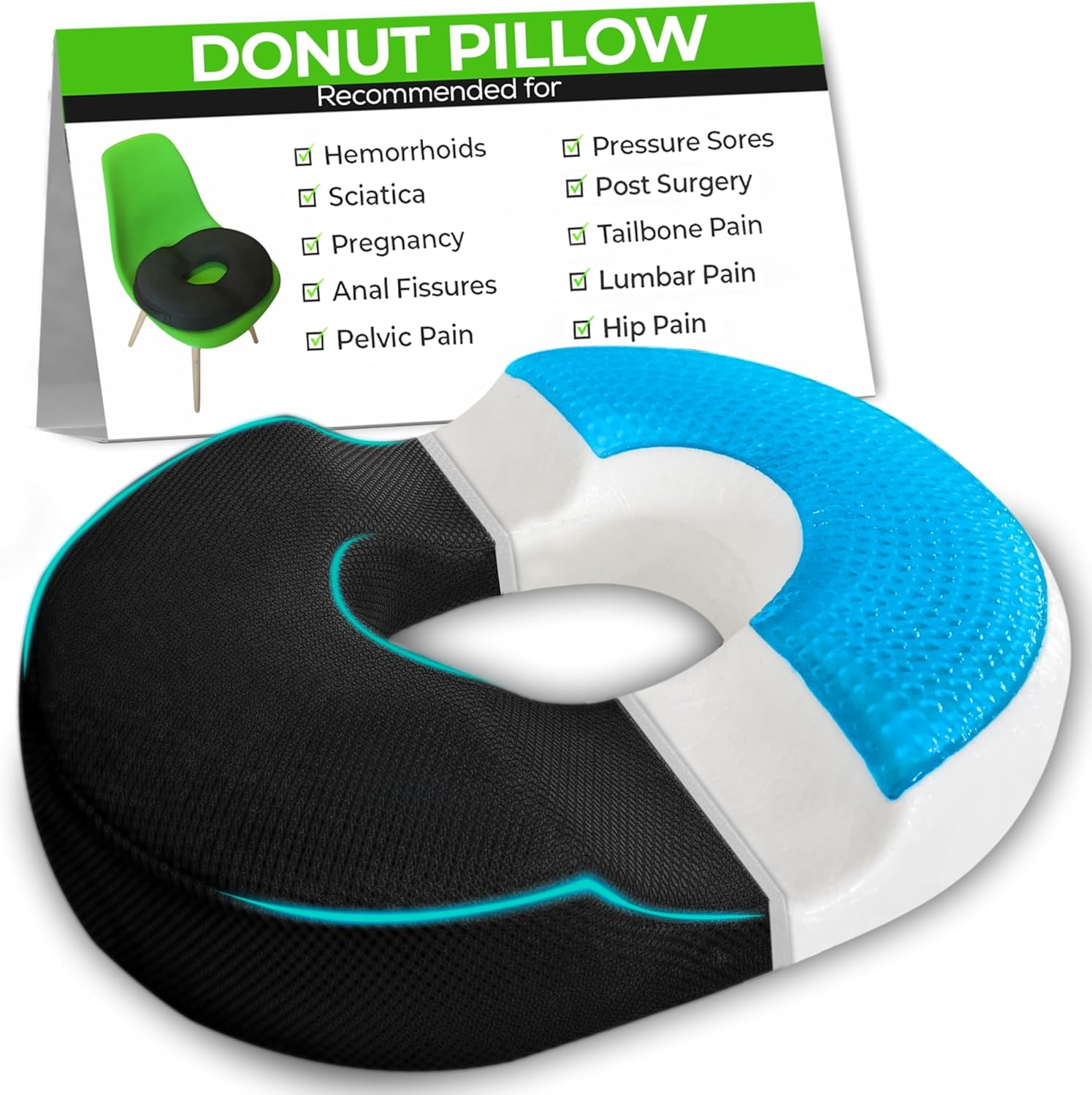 Donut Gel Sitting Pillow - Orthopedic Memory Foam for Tailbone Pain, Hemorrhoid, Bed Sores, Postpartum, Prostate, Coccyx & Sciatica Pain