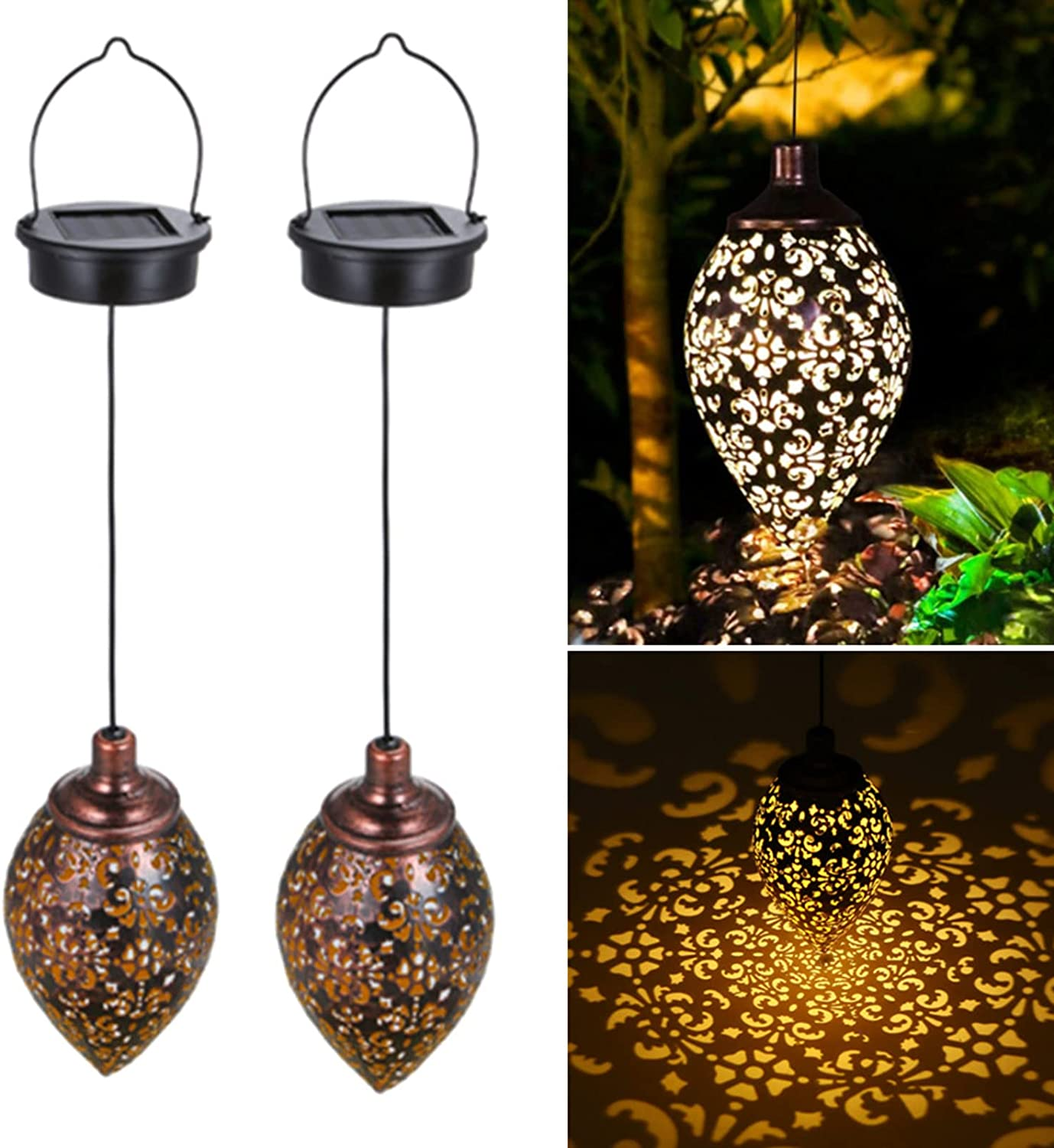 (2 Pack) Hanging Solar Lights,  Solar Lantern LED Moroccan Garden Decor, Metal Solar Lanterns Outdoor Waterproof for Outside, Patio, Porch, Pathway Hanging Decor