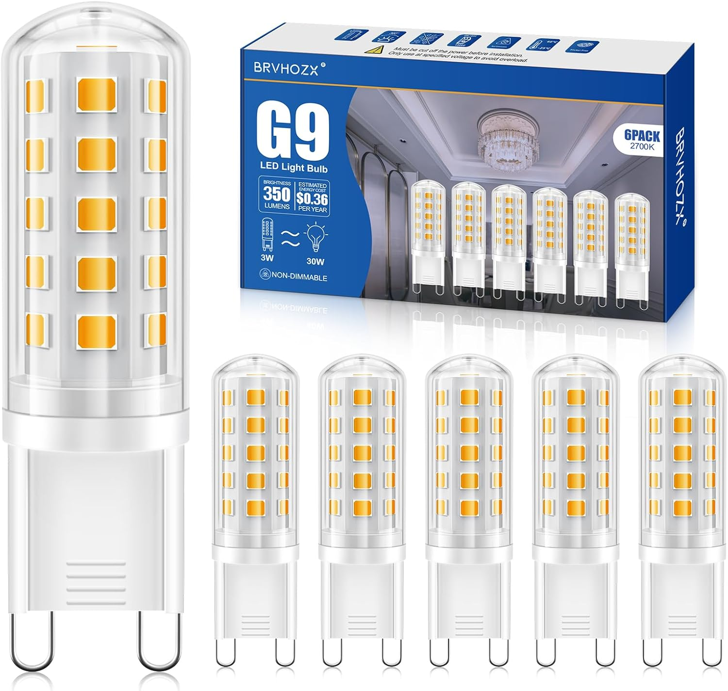 G9 Led Bulb Warm White, 3W, 350LM, 2700K, Equivalent to 30-40W Halogen, No Flicker, Non-Dimmable, 360°Beam Angle, AC 100-120V, Bi-pin Ceramic Base G9 Led Light Bulbs for Home Lighting-6Pcs